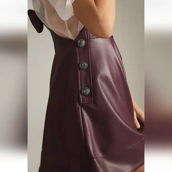 Anthropologie Maeve Faux Leather Pinafore Dress Plum Side Buttons Back Bow Sz XS - Picture 8 of 16